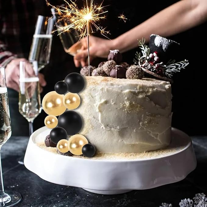 BEISHIDA 40 Pcs Ball Cake Toppers Mini Balls Cake Decorations Black Gold Foam Balls Sticks DIY Cake Topper for Congrats Grade 2026 Graduation Men Birthday New Year Retirement Party Decorations