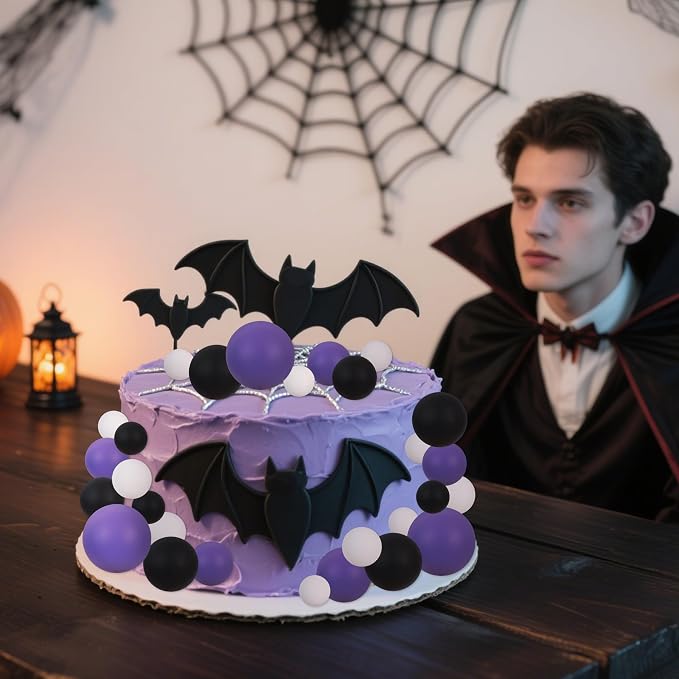 BEISHIDA 40 pcs Foam Ball Halloween Cake Toppers with Sticks Perfect for Graduation Halloween Cake Decor Birthday Graduation Congrats 2026 Cake Decoration Wednesday Theme Party(Black, White, Purple)