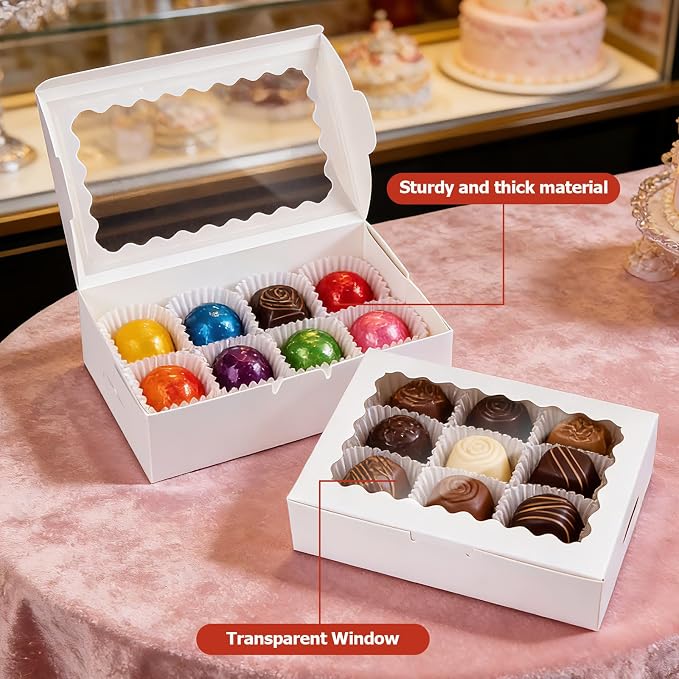 20pcs Cookie Boxes with Window, 9x6x2.5 Inches White Bakery Boxes for Dessert, Treat, Pastry, Donut, Chocolate Covered Strawberry - Baked Goods Packaging for Holiday Gift Giving