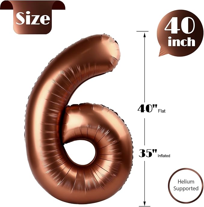 Dark Brown 6 Balloon, Coffee Brown Number Balloons 40 Inch, 6th Balloons for Chocolate Birthday Decorations Party Supplies 6 Birthday Balloon, Number 6