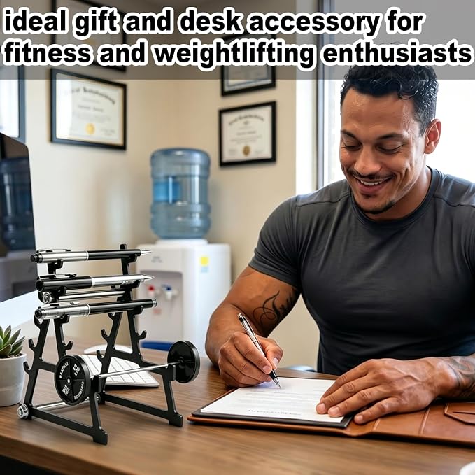 Metal Squat Rack Pen Holder with 8 Slots – Mini Barbell & Weight Blocks, Funny Desk Decor for Men Women, Cool Office Desk Accessories, Unique Pen Holder Gift for Gym Lovers Fitness Enthusiasts (Black)