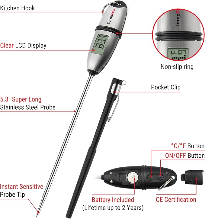 TempPro TP02S (2 Pack) Digital Food Thermometer for Cooking Bread Baking Sourdough Liquids, Meat Thermometer Digital with Super Long Probe for Kitchen BBQ Candy Making Accessory (Previously ThermoPro)