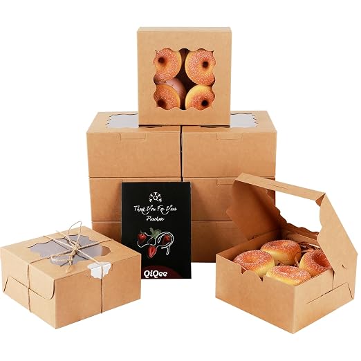 qiqee 140Pcs Brown Bakery Box with Window 6"×6"×3" Macaron Boxes Small Donut Pastry Boxes for Party Mini Cookie Boxes