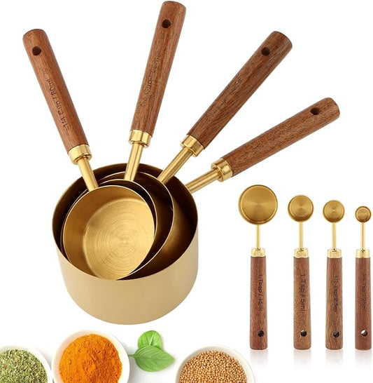 8Pcs Measuring Cups and Spoons Set, Stackable Measuring Cups with Wooden Handle, Stainless Steel Kitchen Measure Supplies Kit for Baking, Cooking(COLOR:gold+brown)