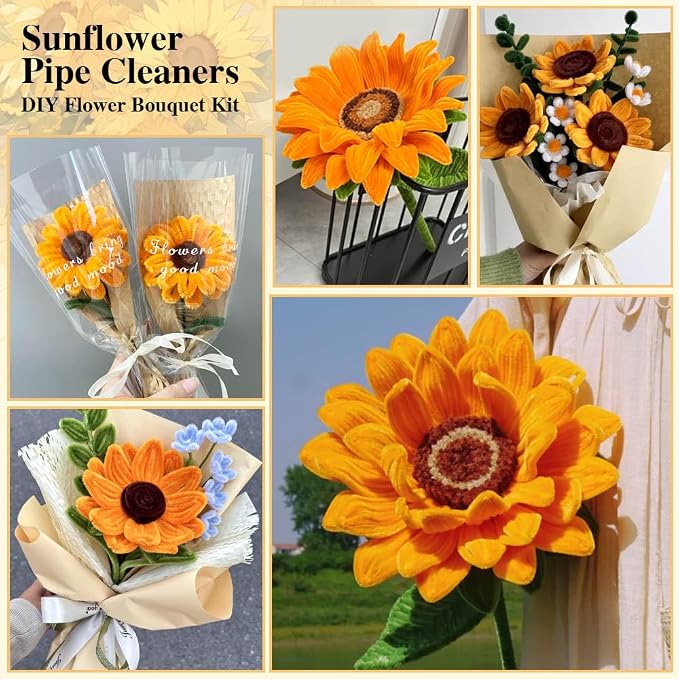 AHAMETON 620Pcs Sunflower Pipe Cleaner Flower Kit, 6 Colors Bulk Pipe Cleaners Craft Supplies with Wires, Stamens, Ribbon, Tape, Card, DIY Flower Making for Gifts Party Home Decoration, School Crafts