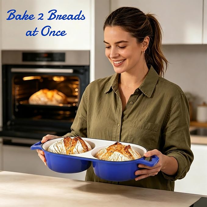 Dutch Oven For Sourdough Bread Baking – Enameled Cast Iron Dutch Oven Pot with Lid, Double Bread Loaf Pan – 500°F Oven Safe Non Stick Bread Pot for Homemade Bread, Meatloaf, Cake, Round Loaf Space, Even Heating–Dark Blue