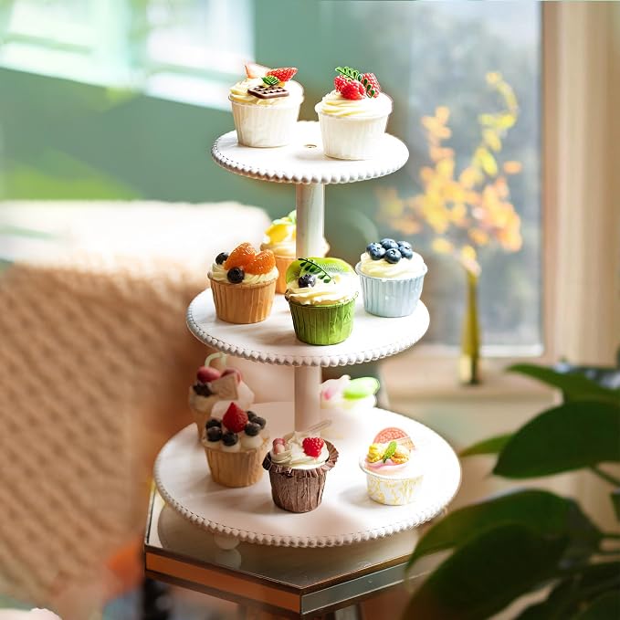 GENMOUS 3 Tier Beaded Cupcake Stand for Farmhouse Wedding Decor, Rustic Wood Cupcake Tower Holder for 24 Cupcakes, White Three Tiered Serving Tray Dessert Display Stand for Birthday Party Baby Shower