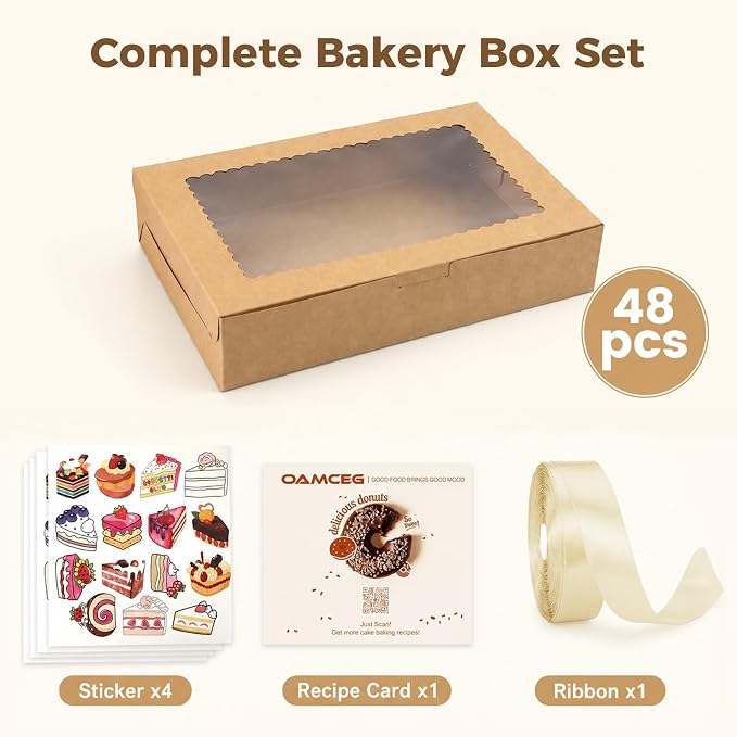OAMCEG 48 Pack Cookie Boxes with Window, 12x8x2.5 Inch Bakery Treat Boxes for Christmas Holiday Gift Giving, Desserts, Donuts, Pastries-Brown