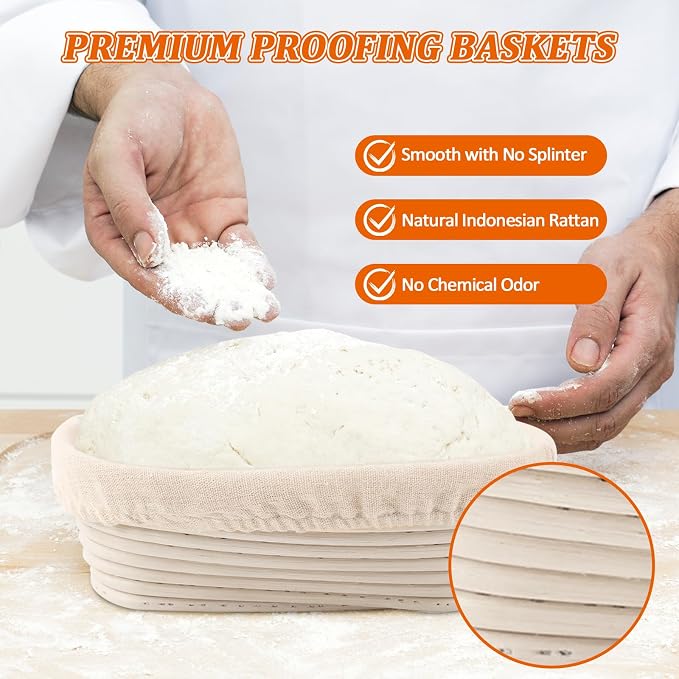 6 Pack Oval Banneton Proofing Basket Set 10 Inch, Natural Rattan Sourdough Bread Baskets with Linen Liners, Dough Baking Bowls for Professional & Home Bakers (10" Oval -6 Pack)