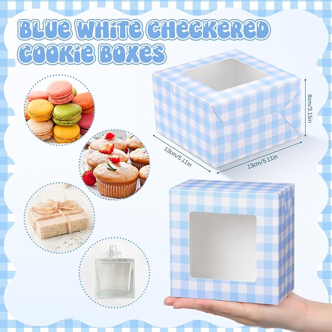 50 Pack Blue Gingham Cookie Boxes with Window, Small Bakery Treat Boxes for Pastry Donuts Macaroon Cupcakes, Gingham Party Supplies Wedding Bridal Baby Showers Birthday Party Favors