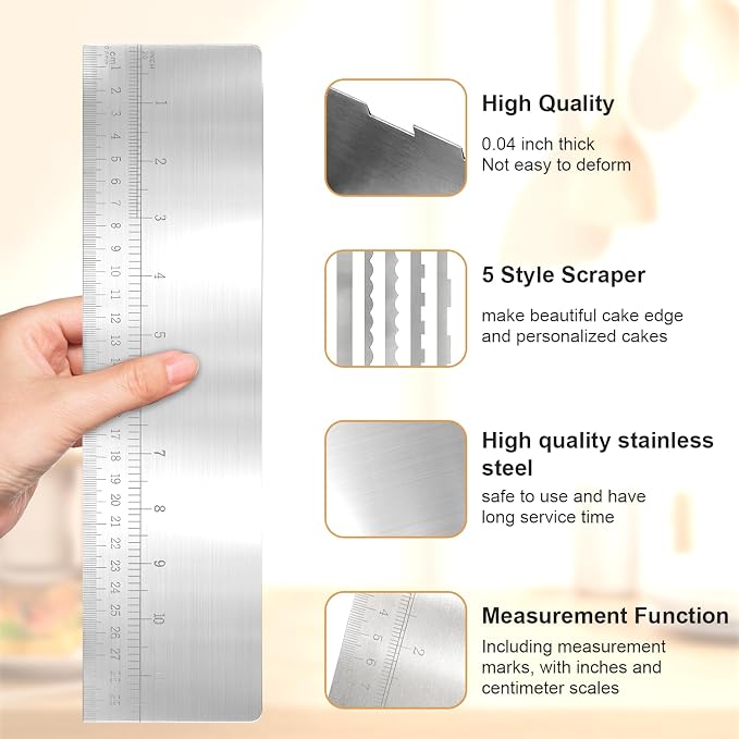 Stainless steel cake spatula, 3-piece set, includes 2 x 8.6-inch double-sided patterned spatulas and 1 x 12-inch stainless steel cake spatula with measurements — suitable for mousse cream frosting.