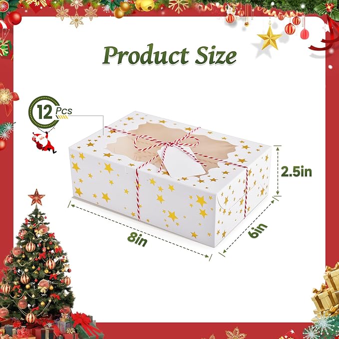 12Pcs 8"x6"x2.5" Christmas Cookie Boxes with Window, White Bakery Boxes for Cookie, Treat Boxes Pastry Boxes for Gift Giving, Chocolate Covered Strawberries, Dessert, Donut, Cupcakes Muffins