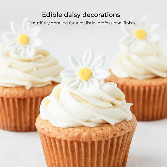 18 Count Edible Daisy Cake Decorations, Small Edible Flowers, White & Pink Sugar Flowers, Daisy Cupcake Toppers for Cakes & Cupcakes, Edible Cake Decorations, Global Sugar Art (1 Inch)