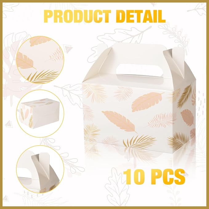 10 PCS Party Favor Treat Boxes, 6.5 x 4 x 4 Inches Gable Box with Handle, Goodie Boxes for Sweets, Candy, Cookie, Summer Picnic, Mother's Day, Outdoor Wedding, Baby Shower, Graduation, White Leaf