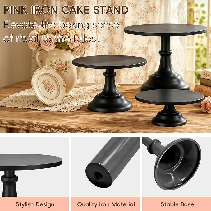 Three-piece Cake Stand Set, Metal Round Trays, 8-inch, 10-inch, and 12-inch, for Dessert Table displays; Perfect for Christmas, Thanksgiving, Birthdays, Weddings, and Other Celebrations(Black)