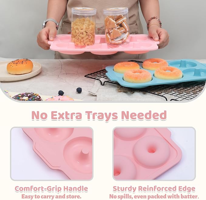 3.5 Inch Nonstick Silicone Donut Pan for Baking with Metal Frame, 1 Pack Donut Molds for Baking, 6 Cavity Doughnut Pan for Oven and Bagel Trays Non Toxic with Handle (Pink)