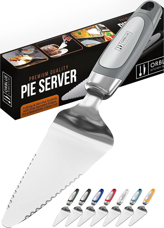 Orblue Pie Server, Essential Kitchen Tool, Serrated on Both Sides, Great for Right or Left Handed Chef, Stainless Steel Flatware, Cake Cutter, Gray