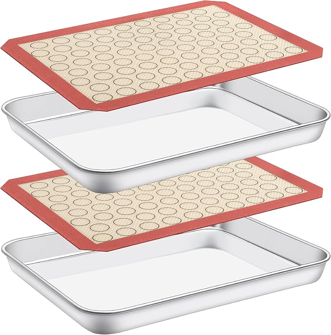 Baking Sheet with Silicone Mat Set of 4 [2 Sheets + 2 Mats], Deedro Stainless Steel Cookie Sheet Baking Pan with Silicone Baking Mat, 10 x 8 x 1 Inch, Non Toxic, Heavy Duty, Easy Clean