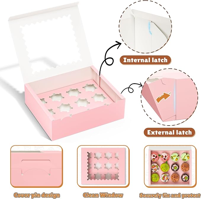 RYDDOY 4 Pack Cupcake Boxes, Hold 12 Standard Cupcakes, Pink Cupcake Containers, Cupcake Holder with Window and Inserts for Birthday Holiday Party, Supplies for Cupcakes, Desserts and More