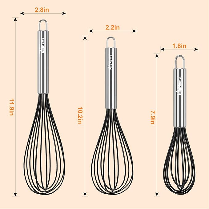 NileHome Whisk Commercial Whisks Stainless Steel & Silicone Non-Stick Coated Small Whisk Set 8" 10" 12" Kitchen Wisk Wire Whisks for Cooking 3 Pack, Black