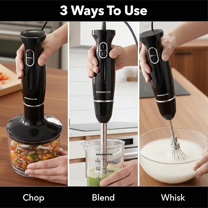 OVENTE Immersion Hand Blender Set, 300W Electric Handheld Stick Mixer, 2 Mixing Speeds with Stainless Steel Blades, Egg Whisk, Beaker & BPA-Free Food Chopper, Black HS565B