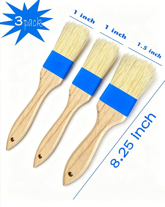 Natural Boar Bristle Pastry Brush,Heat Resistant Basting Brush for Cooking, BBQ, Baking, Food Grade Wooden Handle Oil Brush for Egg Wash, Butter,Marinade, Sauce, Dishwasher Safe(1",1.5",3PC)