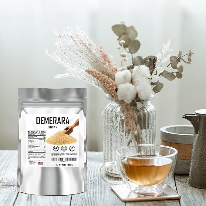 Bulk Demerara Sugar 4 lbs. Pure Unrefined Brown Crystals for Baking and Cooking. Value Size Bag.