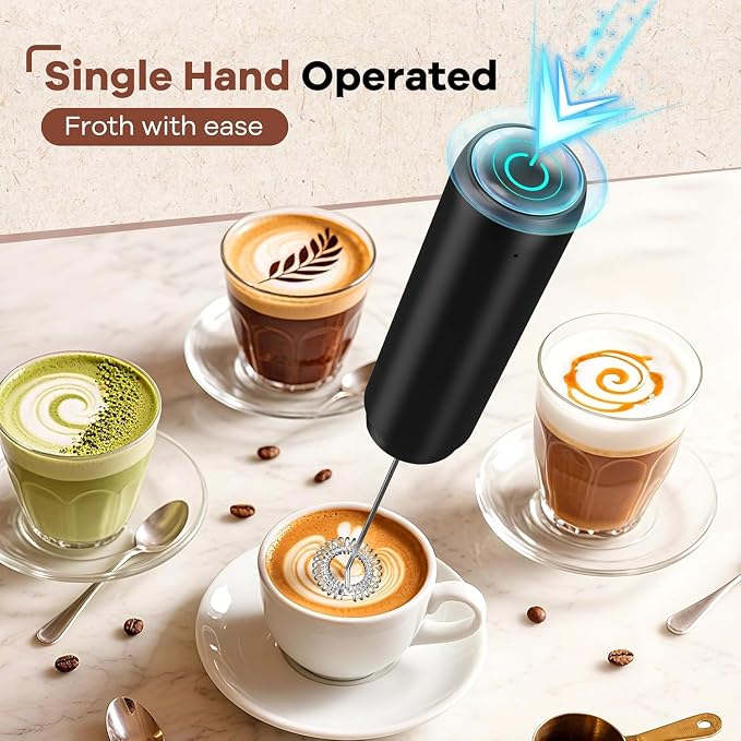Rechargeable Milk Frother Handheld, Portable Hand Mixer Frother Wand Drink Mixer for Coffee, Latte, Matcha, Cappuccino, Frappe with cover kitchen gifts (Matte Black)