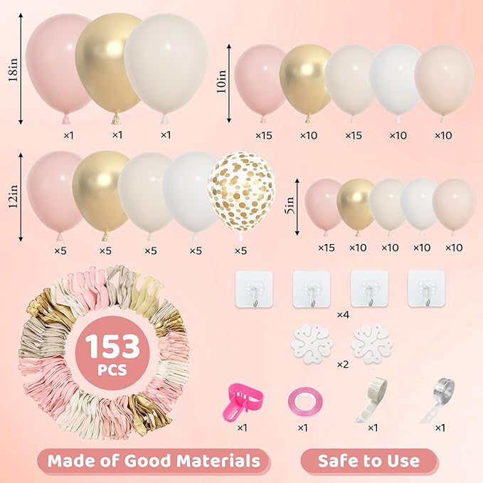 Amandir 153pcs Dusty Pink and Gold Balloon Garland Arch Kit, Different Sizes 18 12 10 5 inch Blush Pink White Sand Latex Metallic Confetti Balloons for Boho Bridal Wedding Birthday Party Decorations