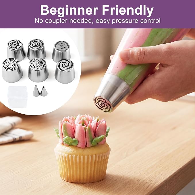 Russian Piping Tips Set, Stainless Steel Cupcake Flower Shaped Frosting Nozzle Kit with 6 Russian Piping Tip, 2 Leaf Piping Tip & Storage for Cake Decorating, Cupcake, Cookie