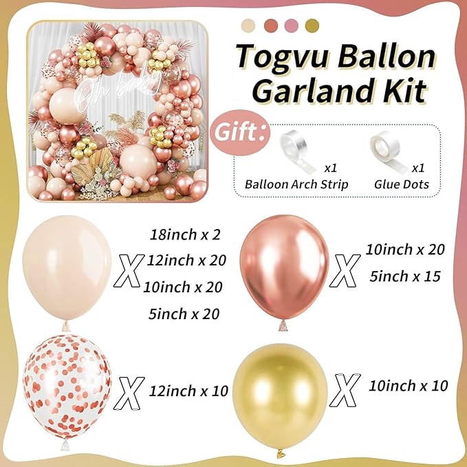 Blush Rose Gold Balloon Garland Arch Kit, 119 Pieces Peach Pink Gold Pastel Orange Metallic Rose Gold Confetti Balloon Garland Kit for Girls Women Birthday Wedding Baby Bridal Shower Party Decorations