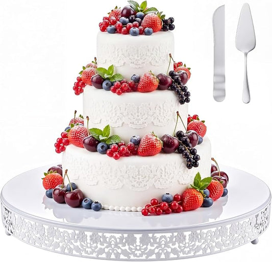 Wenqik 20 Inch White Cake Stand Set Metal Round Cupcake Dessert Stand with Cake Cutting, Flower Spatula Wedding Cupcake Pastry Display Candy Holder Display for Wedding Party Birthday Baby Shower