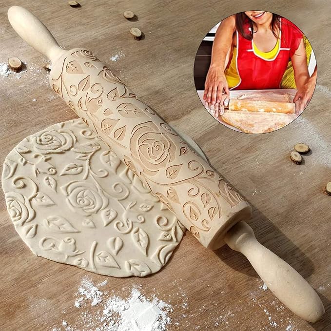 Wooden Rolling Pin, Rose Flower Embossed Engraved Carved Rolling Pin, Valentine's Day DIY Cookies Biscuit Fondant Cake Dough Roller Baking Tool (Wood color)