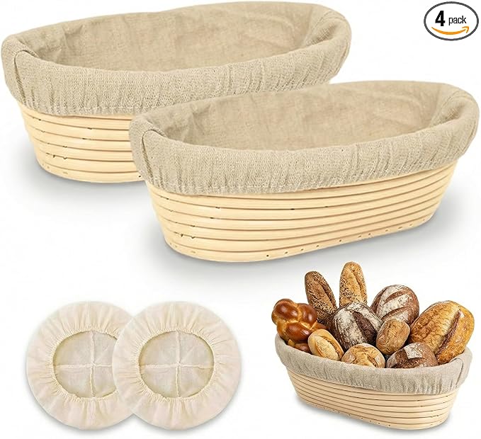 Banneton Bread Proofing Basket - Proofing Basket Set of 2 (10 inch Oval), Rattan Banneton with 2 Linen Liners for Sourdough Bread Baking Supplies, Bread Basket for Professionals and Home Bakers