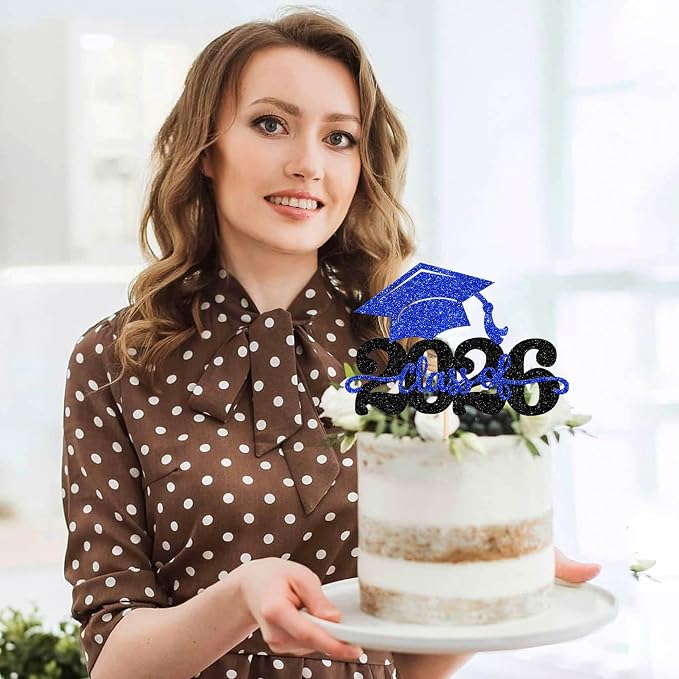 1 Pack Class of 2025 Cake Topper Glitter Congrats Grad Cap 2025 Graduation Cake Pick for 2025 Graduation Theme High School Boys Girls Graduate Party Cake Decorations Supplies Black Blue
