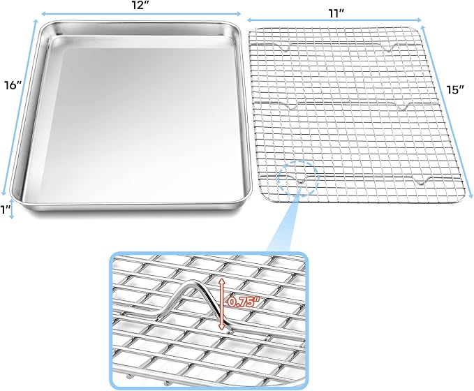 TeamFar Baking Sheet with Rack, 16 x 12 x 1 Inch Stainless Steel Cookie Baking Pan Tray with Grid Rack for Baking Roasting Cooling, Healthy & Heavy-Duty, Oven & Dishwasher Safe