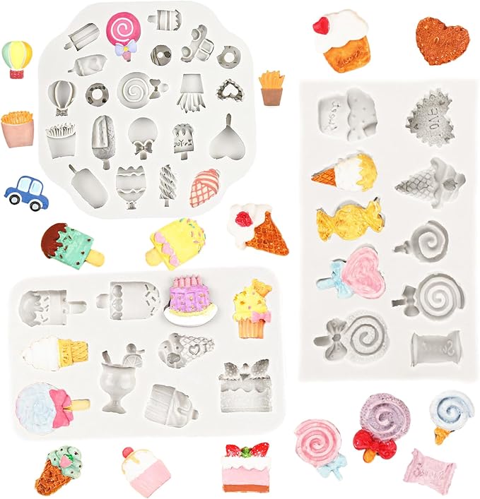 3 PCS Ice Cream Polymer Clay Molds for Jewelry Making - Sweets Miniature Cake Molds for Candy, Lollipop, Donut, Chips Shape - Clay Earrings Decoration Molds