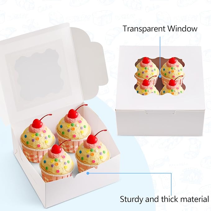 20 Pack Cookie Boxes with Window, 6x6x3 Inches White Bakery Boxes for Treats, Pastries, Desserts & Chocolate Strawberries, Baked Goods Packaging for Holiday Gift Giving