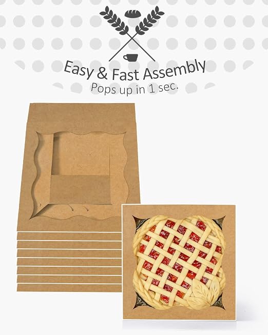 qiqee Auto-pop Up Brown Pie Boxes with Window 12x12x3 Inch 24Packs Cookie Donut Bakery Box