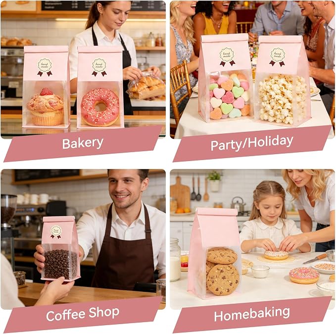100 Cookie Bags with Seal, Resealable Bakery Bags with Window, Pink Paper Treat Bags for Packaging Pastry, Muffin, Cookie, Baked Goods, Included 120 Handmade Stickers