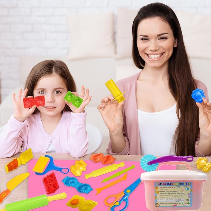 Playdough Tool Set, 31 Pcs Basic Play Dough Tools Kits for Kids, Dough Accessories Includes Pink Storage Container, Mat, 3D Animal, Cutters Roller, Rolling Pins, Safety Scissors