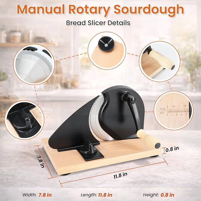 Manual Bread Slicer for Homemade Sourdough Bread, Adjustable Thickness Hand Crank Bread Cutter with Scale Lines, Suction Cup Base, Metal Guide & Sharp Stainless Steel Blade (Black)