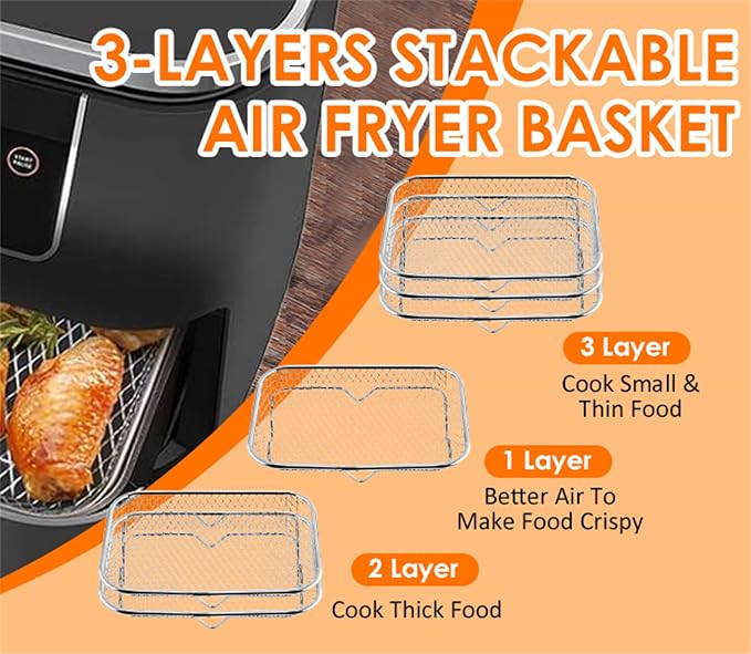 3 Layer Rectangle Air Fryer Rack Roasting Rack Fryer Cooling Tray Stackable Dehydrator Racks Rectangle Airfryer Basket Tray Mesh Roasting Racks Airfryer Accessories (Rectangle)