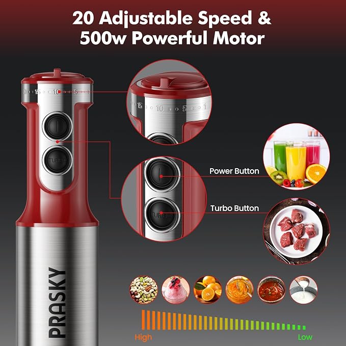 Immersion Blender Powerful Four Blades, Hand Mixer 5-in-1 with 20-speed, 1200W One-button Disassembly and Washing, Suitable for Kitchen Making Soups, Protein Shakes and Baby Food