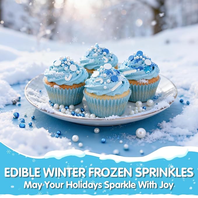 Edible Winter Sprinkles for Cake Decorating,6 Cell with Blue White Silver Gray Decorative Baking Toppings,Nonpareils Sprinkle,Pearls and Jimmies,Round Confetti,Snowflakes Candy Cane Rods,Sanding Sugar,Holiday Sprinkle for Cupcake Toppers,Cookie,Donut,B...
