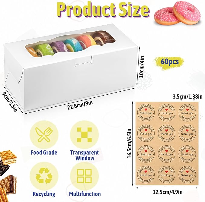 60 Pcs 9x4x3.5 Inch Cookie Boxes, White Bakery Boxes with Window | Large Cookie Box Treat Box Loaf Cake Boxs for Roll Cakes Desserts Muffins Donuts Candies Weddings Parties and Gifts