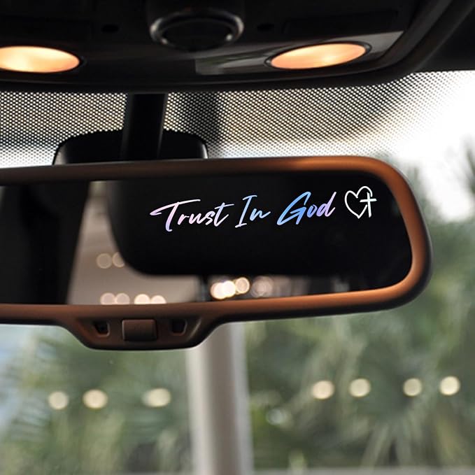 3 x Trust In God Cross Holographic Car Mirror Decal Stickers for Cars Rearview Mirror Decal for Women Cute Decals Vinyl Affirmation Stickers for Window, Mirror, Tumbler, and Water Bottle