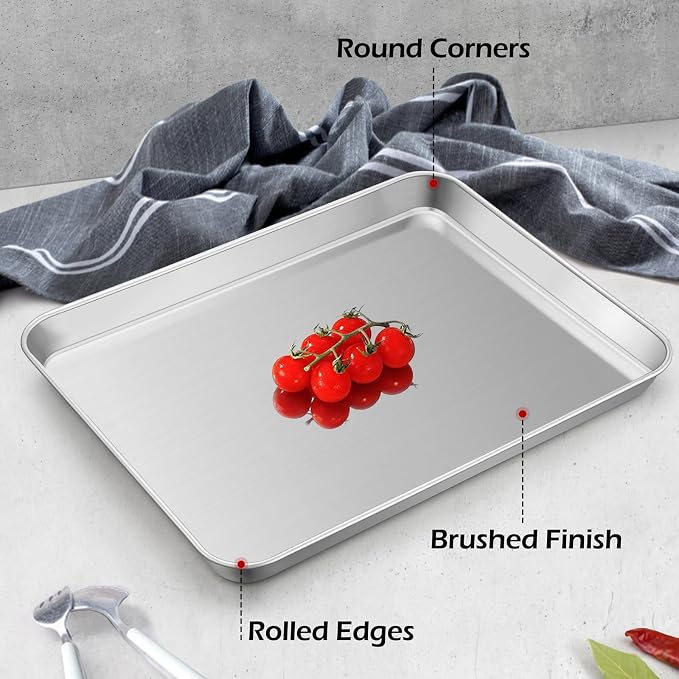 Leonyo 10x8IN Stainless Steel Baking Sheets Set, Stainless Steel Small Sheet Pan for Baking Cookie, Commercial Grade Metal Toaster Oven Tray for Oven, Non Toxic & Dishwasher Safe