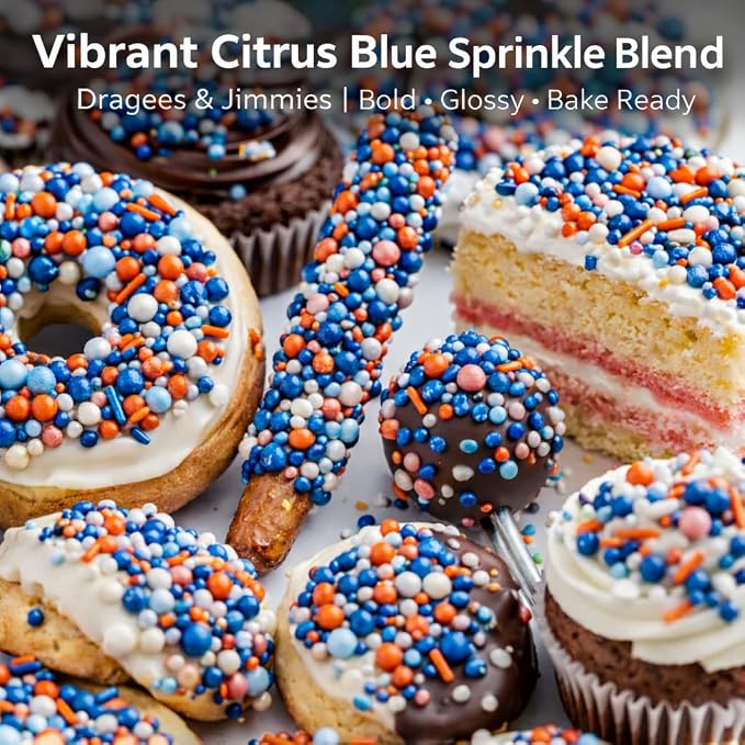 Confect Citrus Blue Celebration Sprinkle Mix – Premium Dragees & Jimmies | Orange, Baby Blue & Navy | Bake Stable Cake & Cupcake Toppings 4.2 Oz