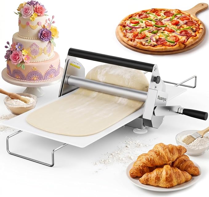 Huanyu Manual Dough Sheeter 12”, 10 Adjustable Thickness 0.1mm-17.5mm, Tool-Free Assembly, for Home Bakers & Small Bakeries, Croissant, Pizza, Pasta, Fondant